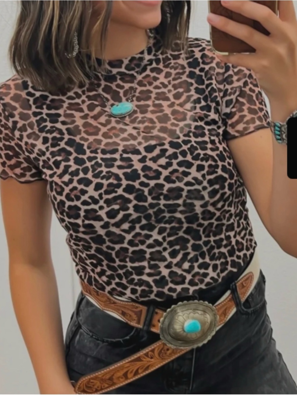 Leopard Print Short Sleeve Mesh Top - Brown/Black